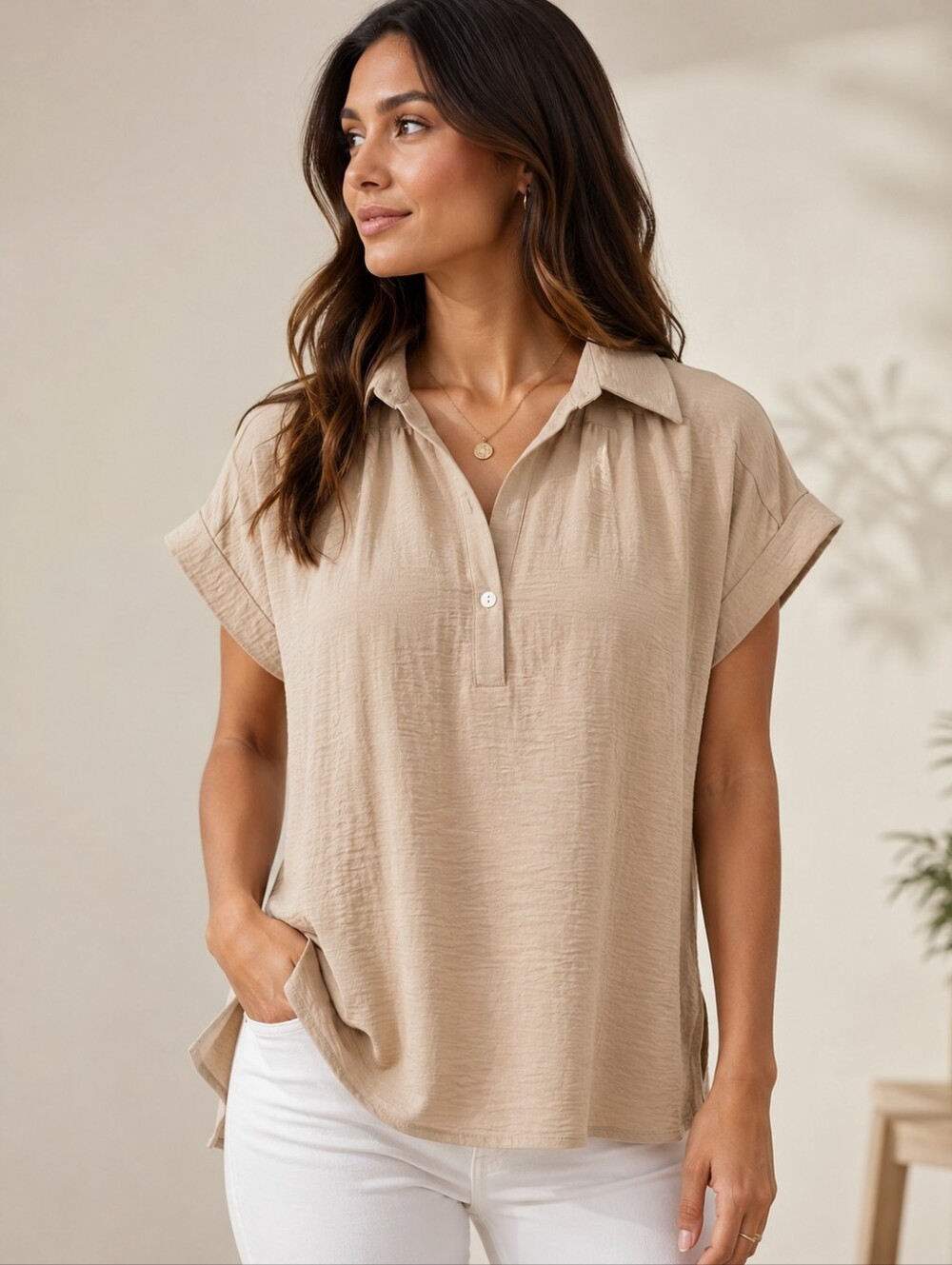 Andree Relaxed Collared Short-Sleeve Top in Beige